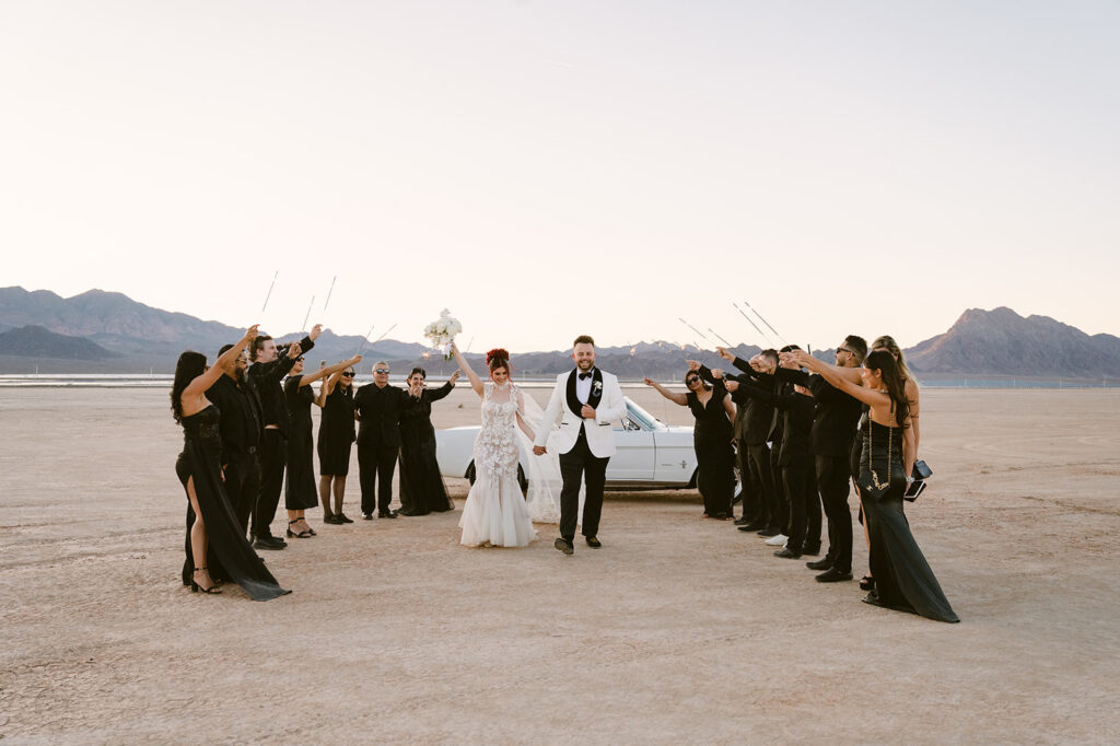 Sunset wedding at dry lake bed in las vegas