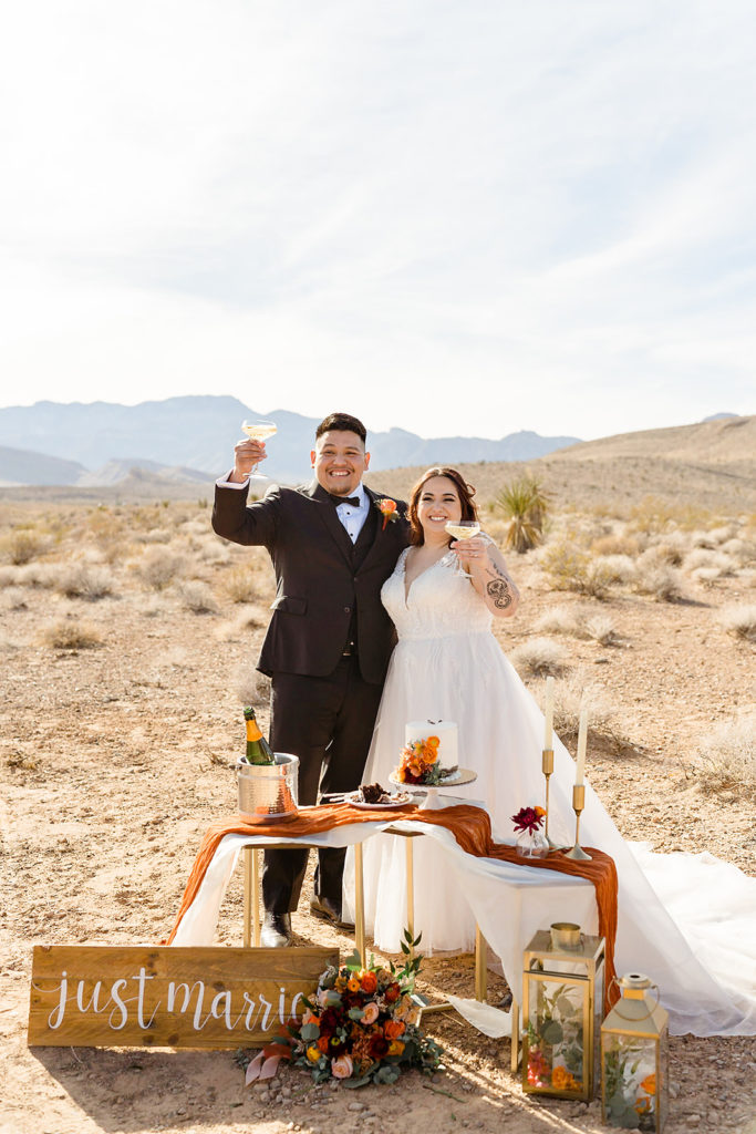 Couple holding up their champagne glasses for a toast at their Desert Love Land and Chapel reception 