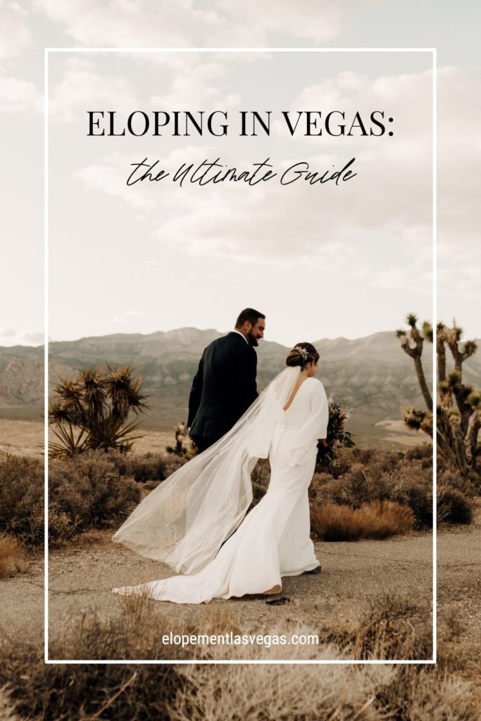 Bride and groom holding hands while walking during their elopement shoot in Red Rock Canyon Overlook; image overlaid with text that reads Eloping in Las Vegas: The Ultimate Guide.