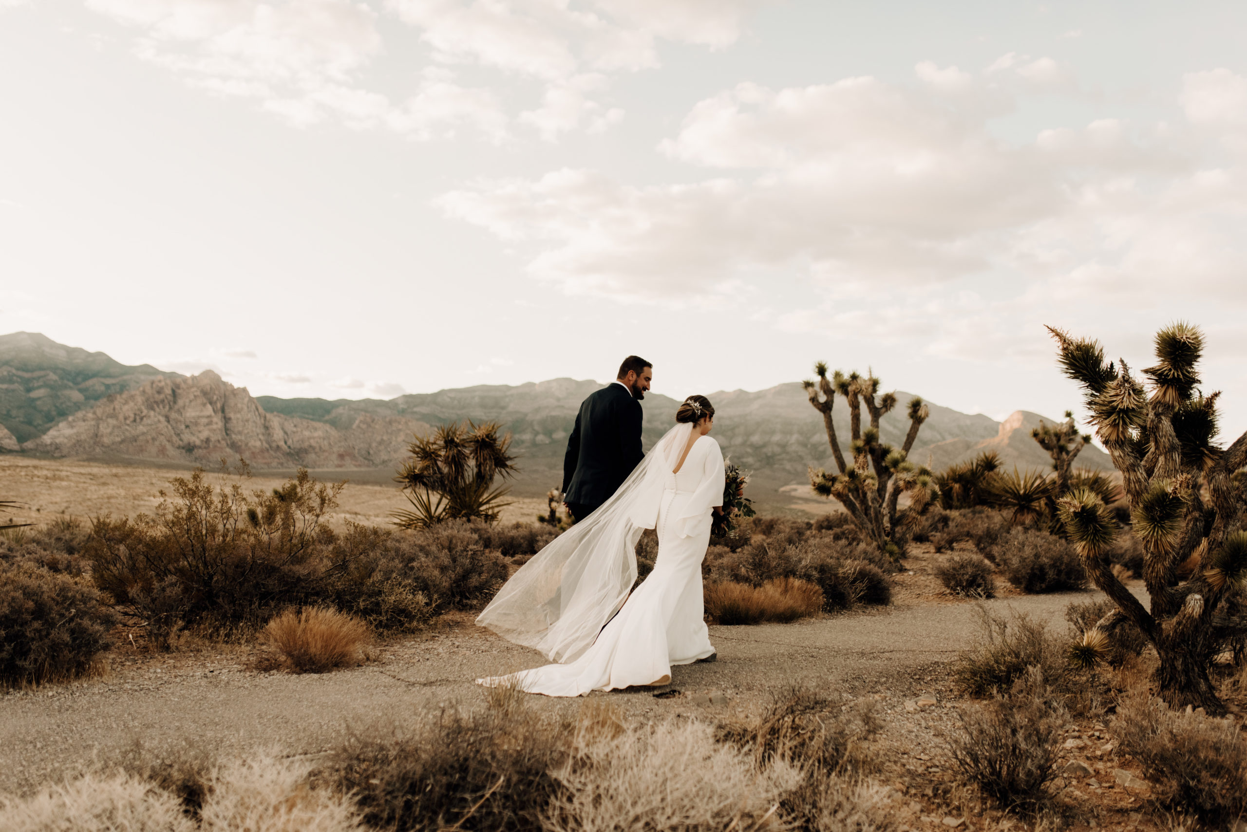 Newlywed couple holding hands as they walk along a path in the Red Rock Canyon Overlook 