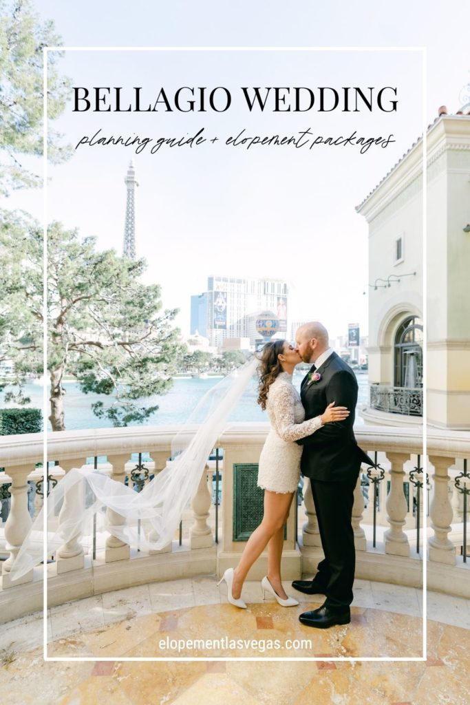 Bride and groom sharing a kiss as bride's veil sways in the wind; image overlaid with text that reads Bellagio Wedding Planning Guide + Elopement Packages