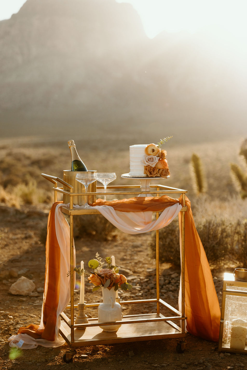 Gold cart with champagne in bucket with cake and floral arrangement, included in Elopement Las Vegas' Deluxe Package