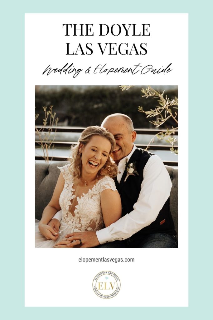 Couple laughing as they share an embrace while sitting on the couch; image overlaid with text that reads The Doyle Las Vegas Wedding & Elopement Guide
