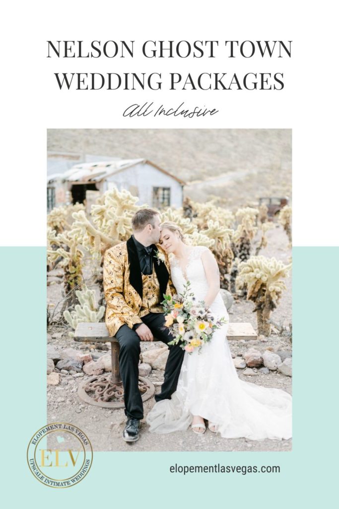 Groom plants a kiss on bride's forehead as they sit together; image overlaid with text that reads Nelson Ghost Town Wedding Packages All Inclusive