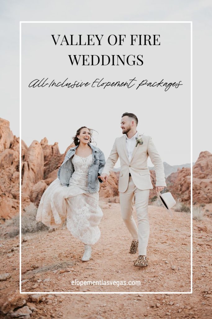 Bride and groom holding hand and smiling at each other; image overlaid with text that reads Valley of Fire Weddings All-Inclusive Elopement Packages