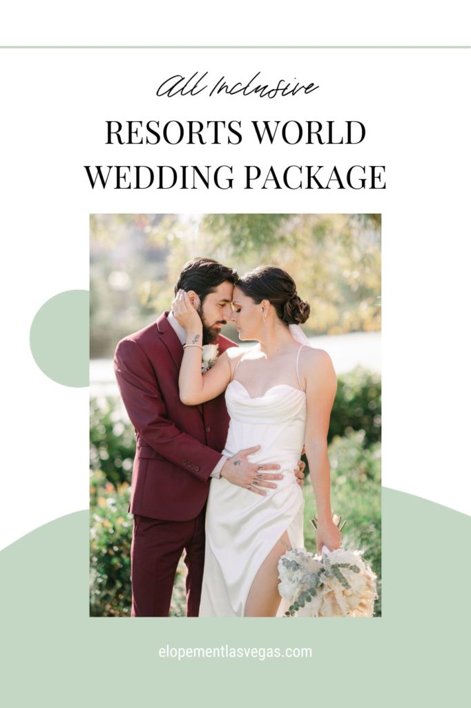 Couple sharing an embrace during outdoor wedding shoot; image overlaid with text that reads All Inclusive Resorts World Wedding Package
