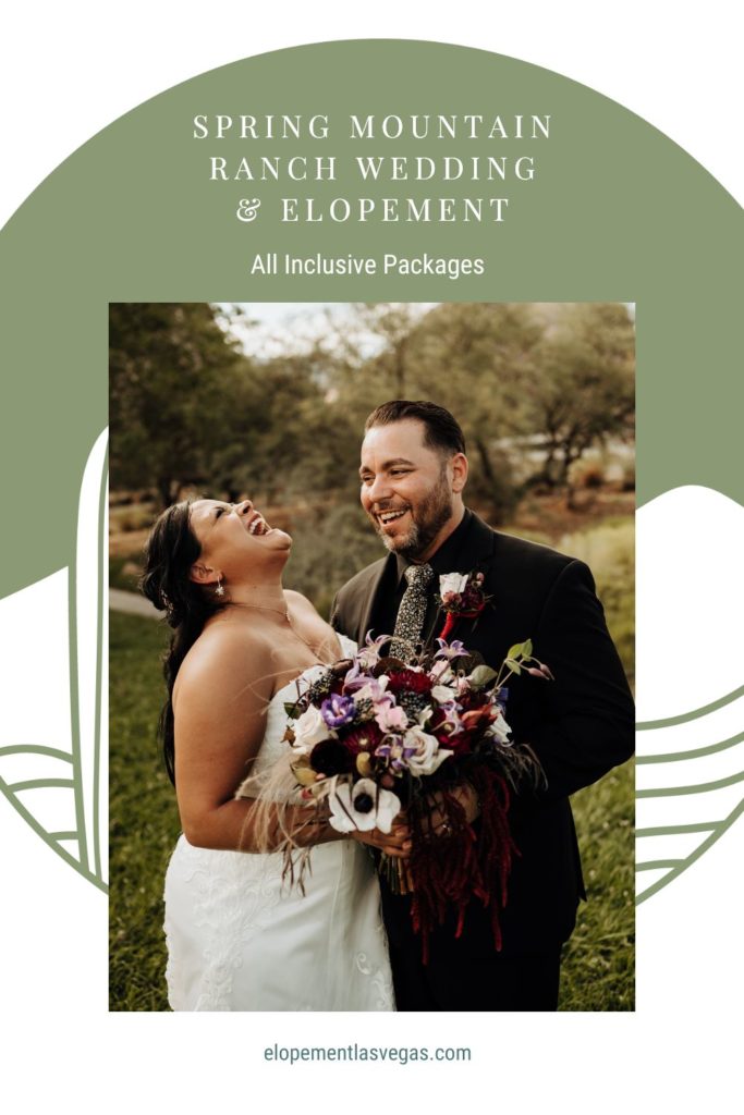 Newlywed couple laughing candidly; image overlaid with text that reads Spring Mountain Ranch Wedding & Elopement All Inclusive Packages