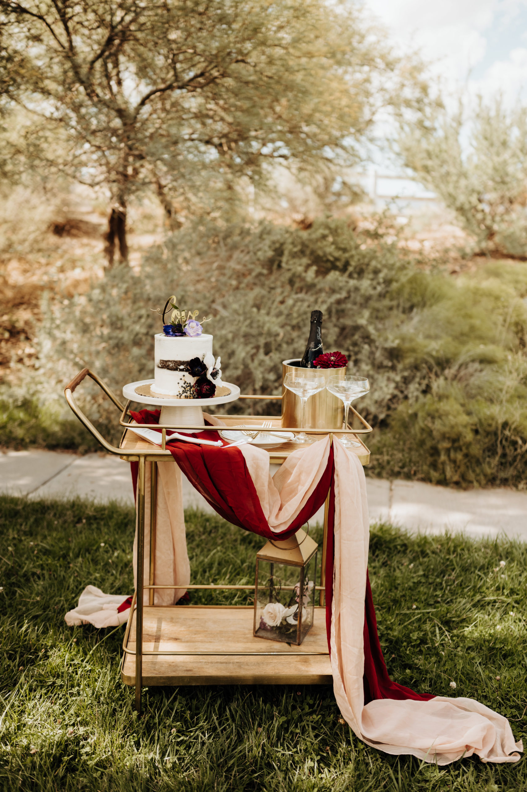 Spring Mountain Ranch Wedding & Elopement. Wedding cake and wine placed on gold tray cart.