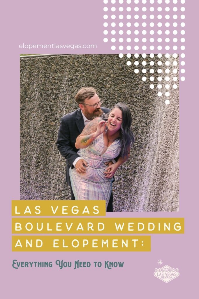 Groom hugs bride from behind during their wedding shoot; image overlaid with text that reads Las Vegas Boulevard Wedding and Elopement: Everything You Need to Know
