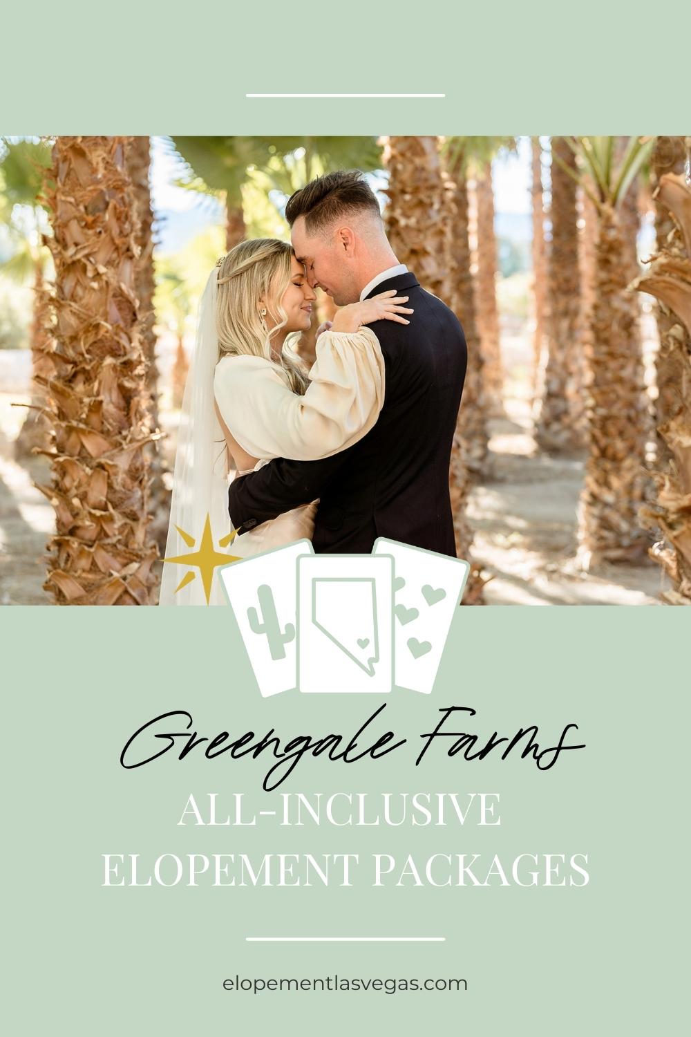 Newlywed couple sharing an embrace during their elopement shoot; image overlaid with text that reads GreenGale Farms All-Inclusive Elopement Packages