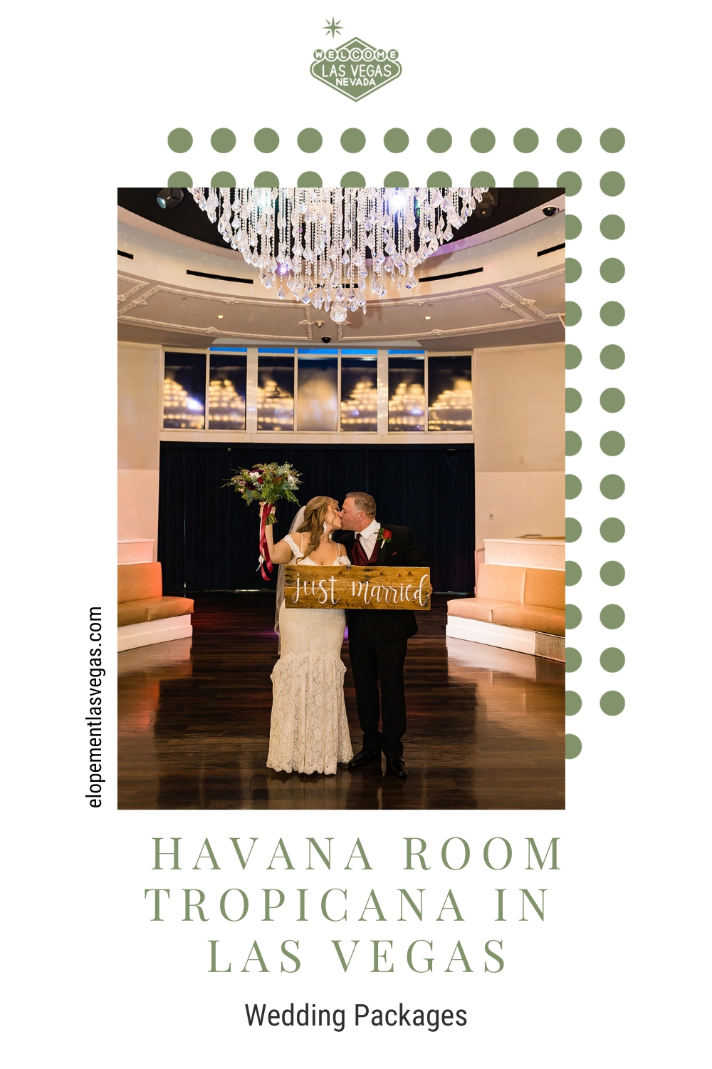 Couple sharing a kiss while holding up Just Married sign; image overlaid with text that reads Havana Room Tropicana In Las Vegas Wedding Packages