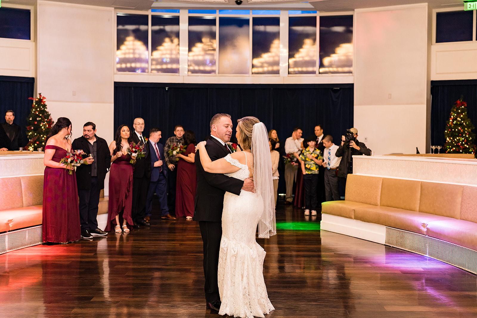 Bride and groom sharing a dance at their wedding reception at the Havana Room Tropicana