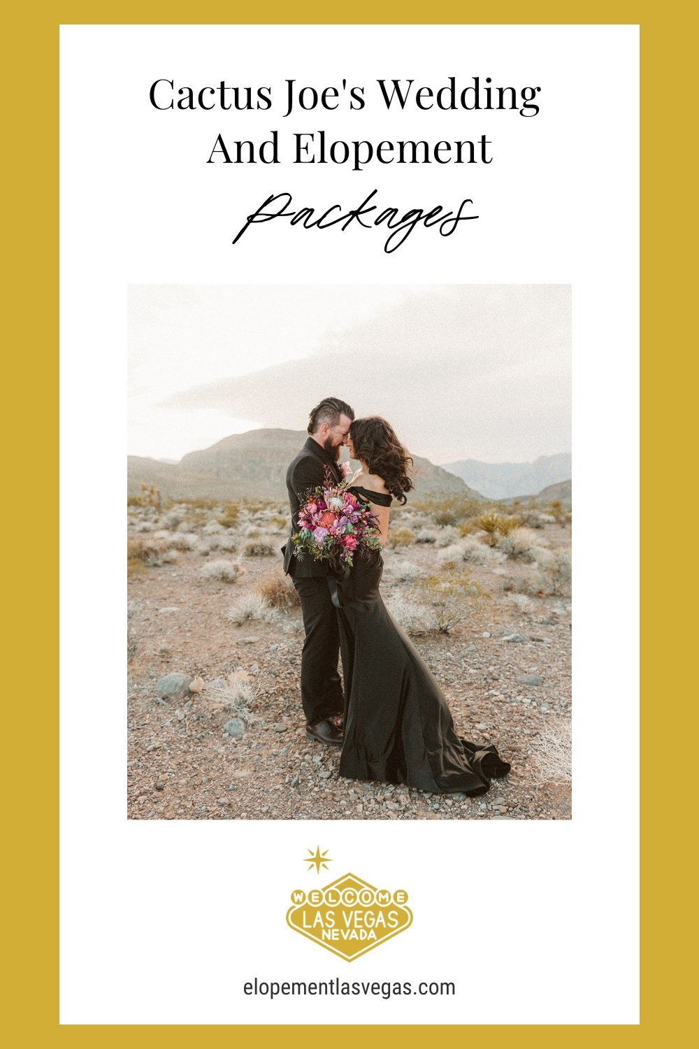 Bride and groom leaning in for a kiss during their black-themed elopement; image overlaid with text that reads Cactus Joe's Wedding and Elopement Packages