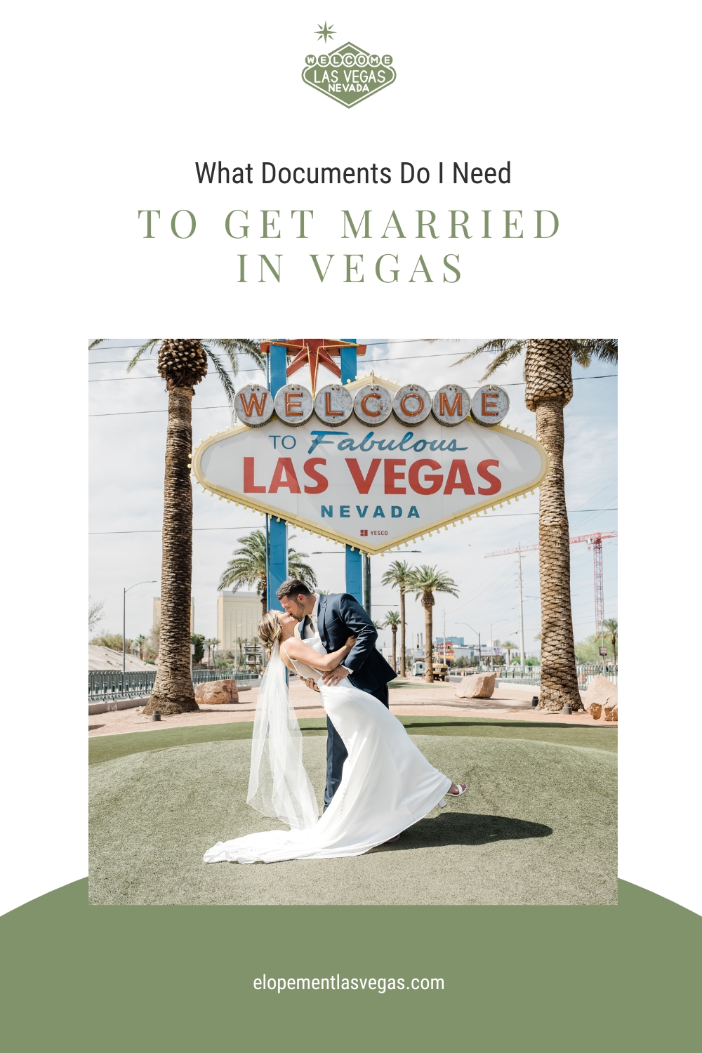 Bride and groom leaning in for a kiss in front of welcome sign; image overlaid with text that reads What Documents Do I Need To Get Married In Vegas