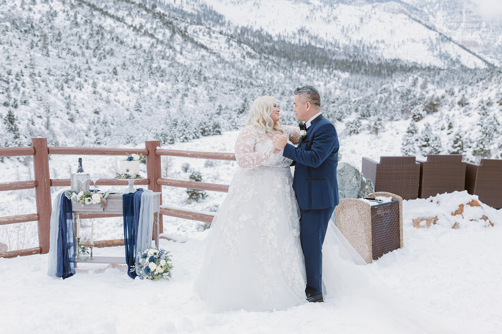 Newlywed couple sharing a dance during their Mount Charleston wedding 