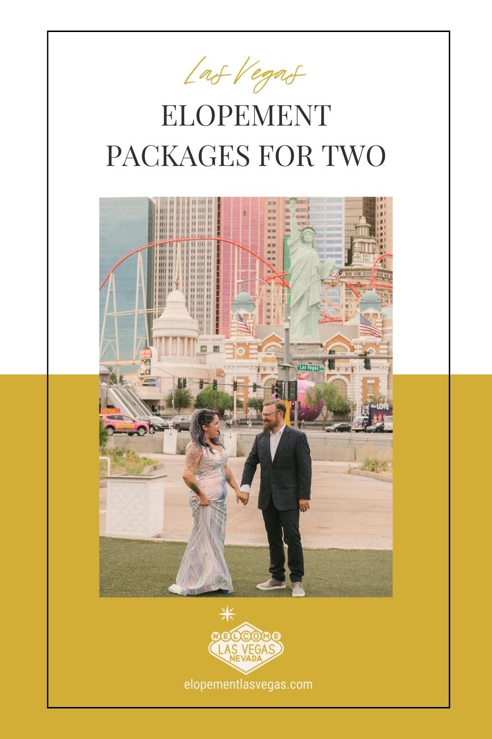 Newlywed couple holding hands and smiling at each other; image overlaid with text that reads La Vegas Elopement Packages For Two