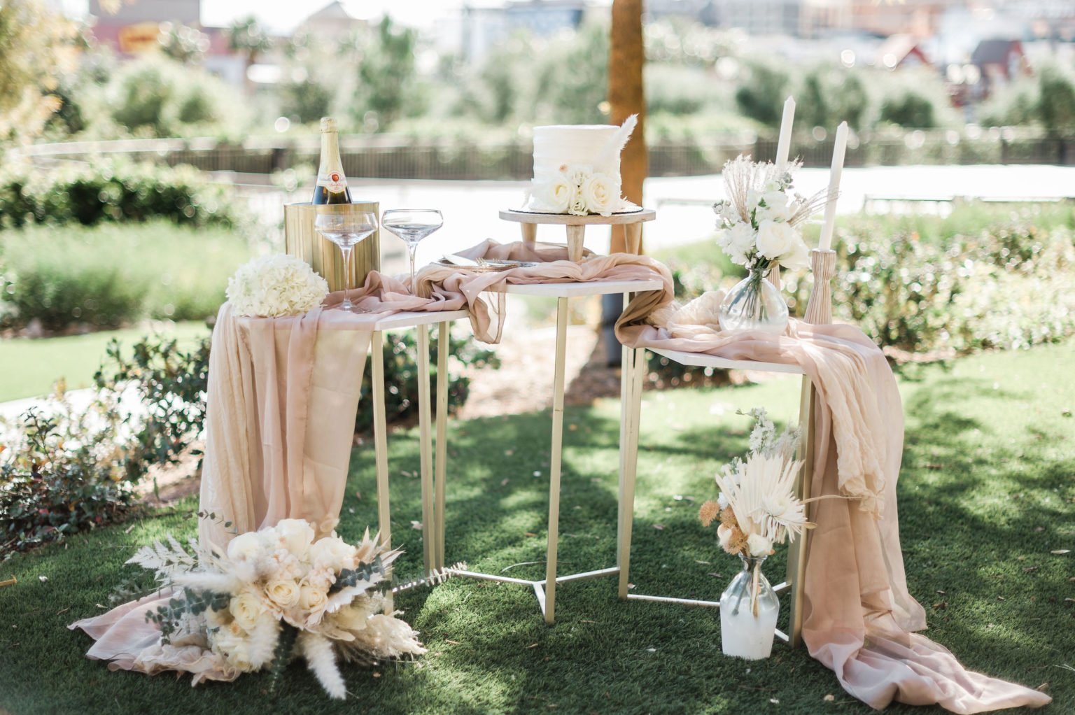 Las Vegas Elopement Packages For Two. Intimate reception setup with cake, champagne and flowers.