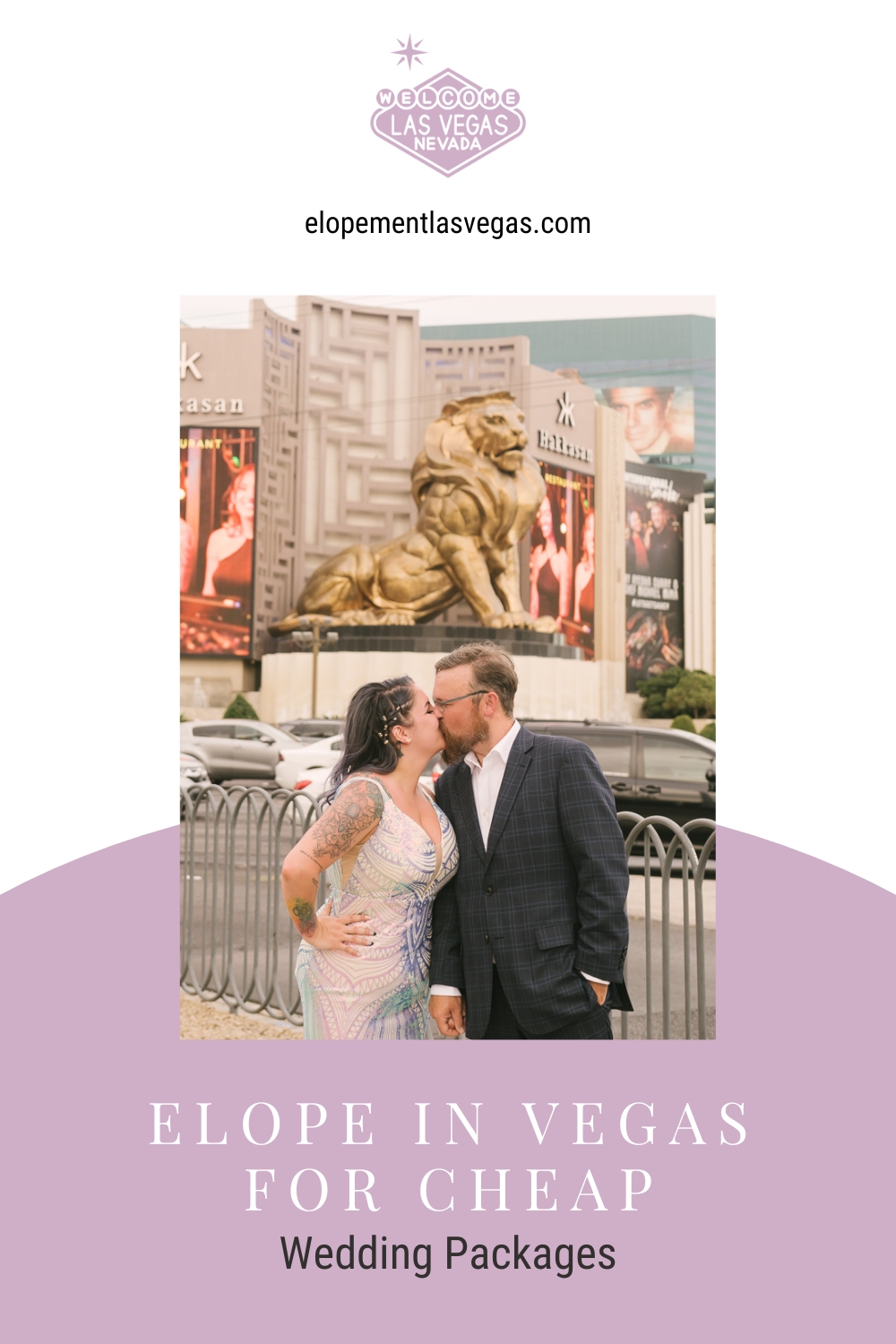 Bride and groom sharing a kiss during their Vegas elopement shoot; image overlaid with text that reads Elope in Vegas For Cheap Wedding Packages
