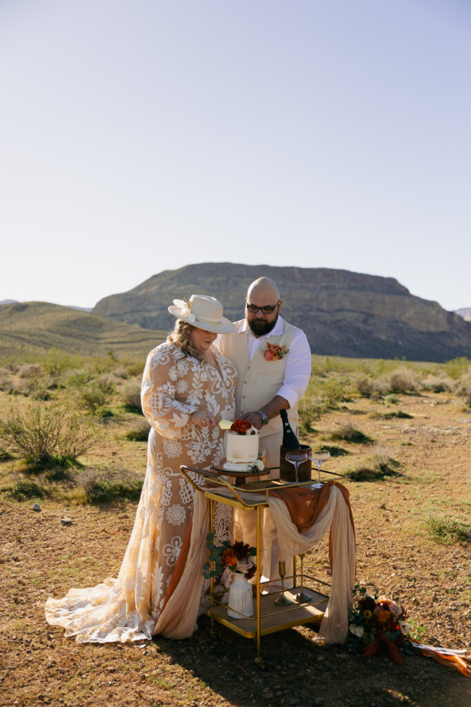 Desert Wedding Celebration, cake and champagne.